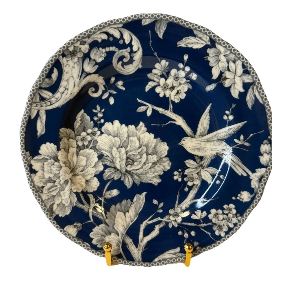 Adelaide Dark Blue Salad Plates 222 Fifth Set Of 4. Bird And Flowers. New.